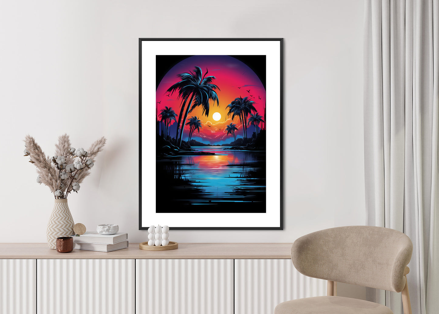 Poster Tropischer Sonnenuntergang Und Palmen Rahmen Holz Mit Passepartout Farbe Natürlich