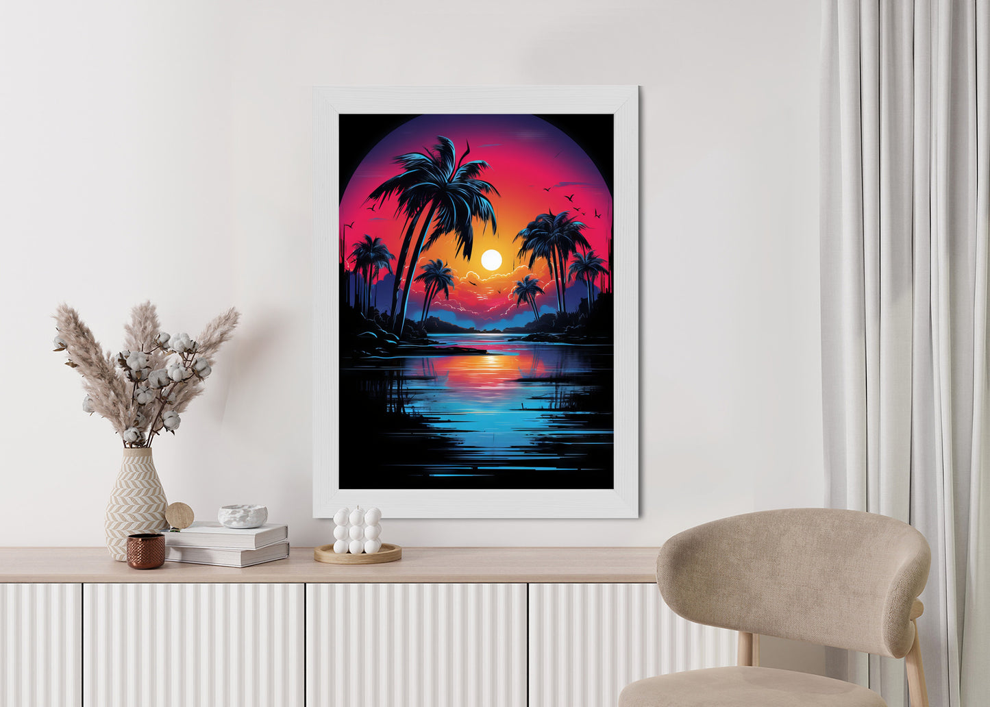 Poster Tropischer Sonnenuntergang Und Palmen Rahmen Holz Mit Passepartout Farbe Natürlich