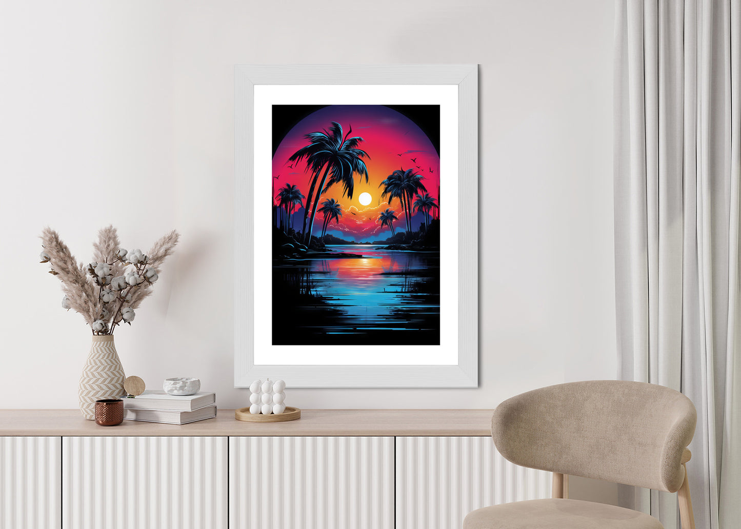 Poster Tropischer Sonnenuntergang Und Palmen Rahmen Holz Mit Passepartout Farbe Natürlich