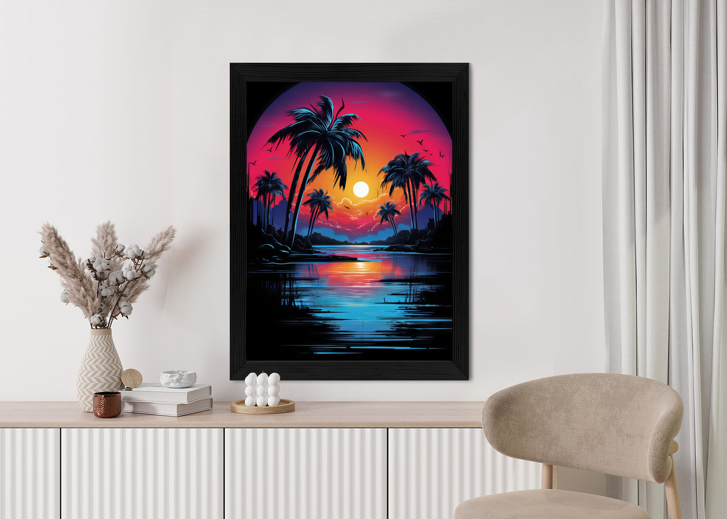 Poster Tropischer Sonnenuntergang Und Palmen Rahmen Holz Mit Passepartout Farbe Natürlich