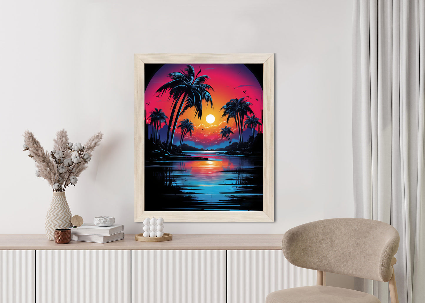 Poster Tropischer Sonnenuntergang Und Palmen Rahmen Holz Mit Passepartout Farbe Natürlich