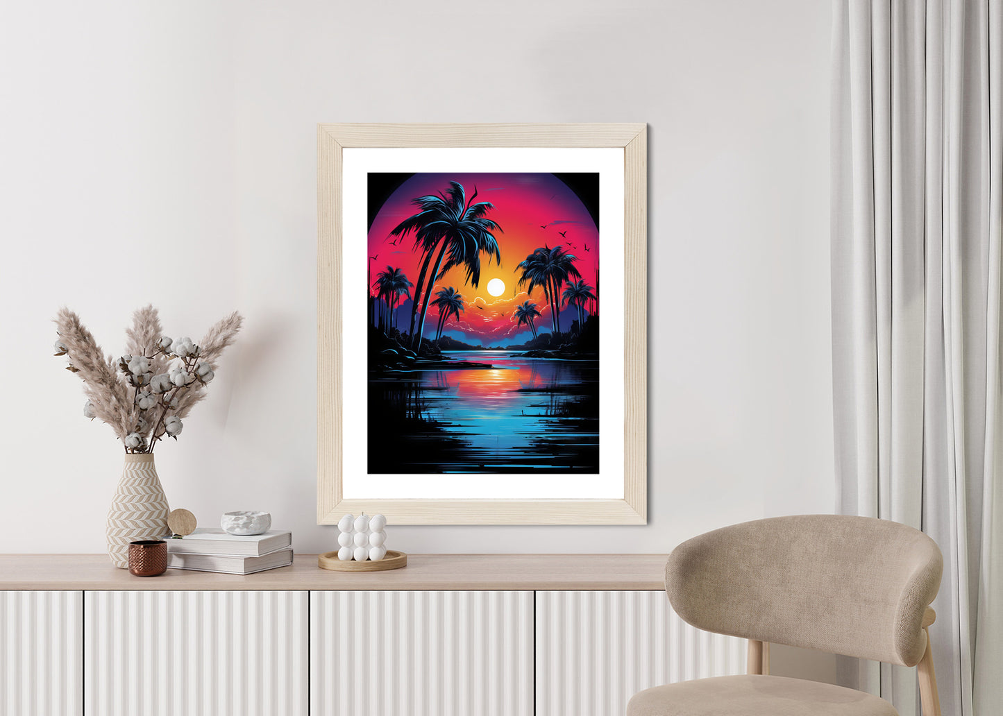 Poster Tropischer Sonnenuntergang Und Palmen Rahmen Holz Mit Passepartout Farbe Natürlich