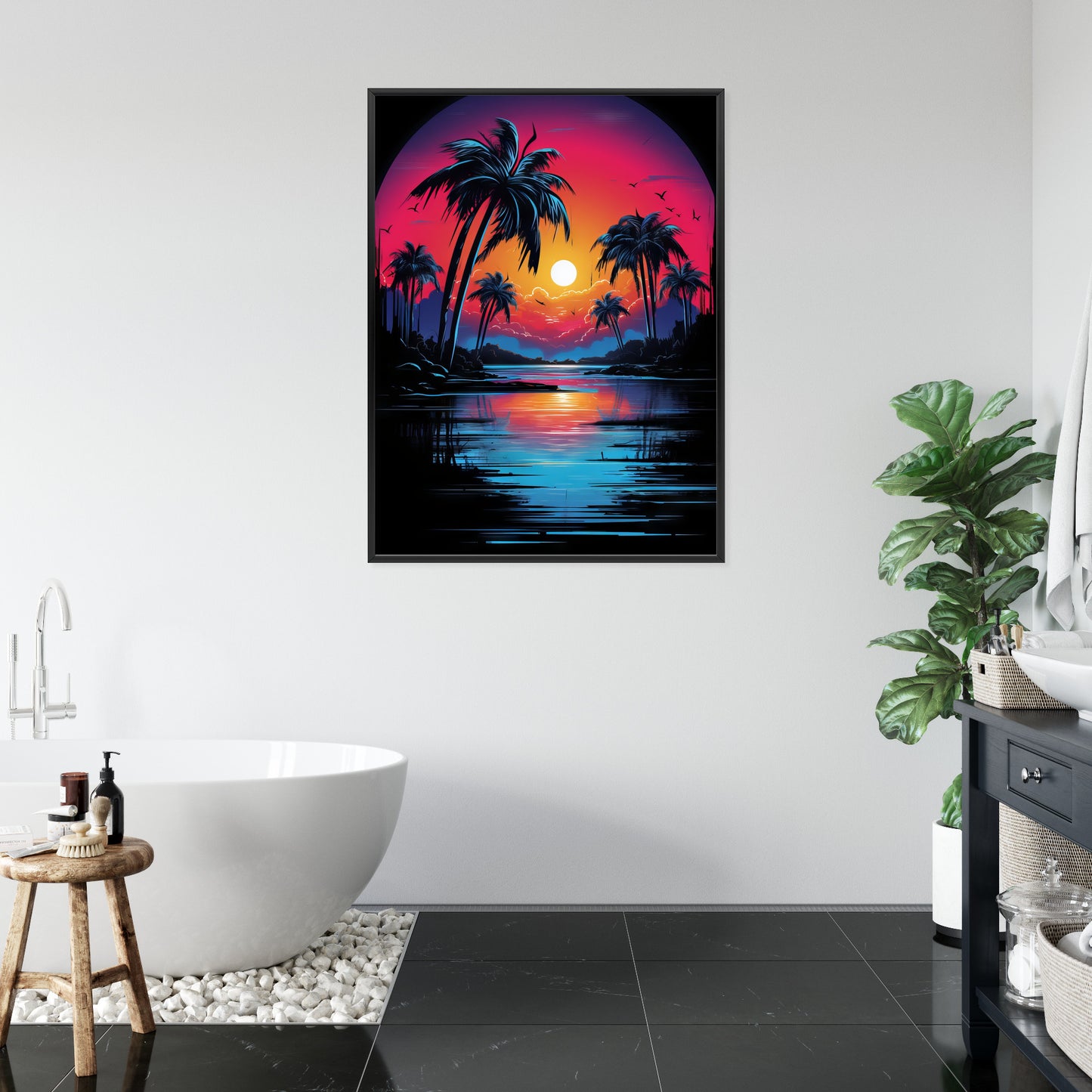 Poster Tropischer Sonnenuntergang Und Palmen Rahmen Holz Mit Passepartout Farbe Natürlich