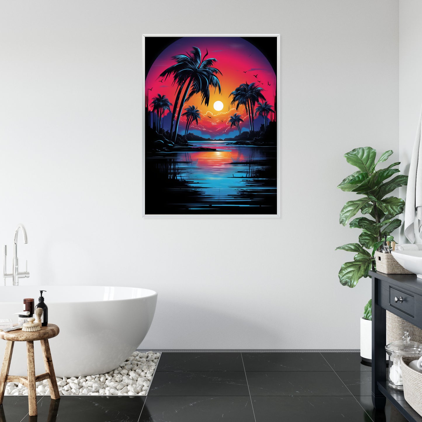 Poster Tropischer Sonnenuntergang Und Palmen Rahmen Holz Mit Passepartout Farbe Natürlich
