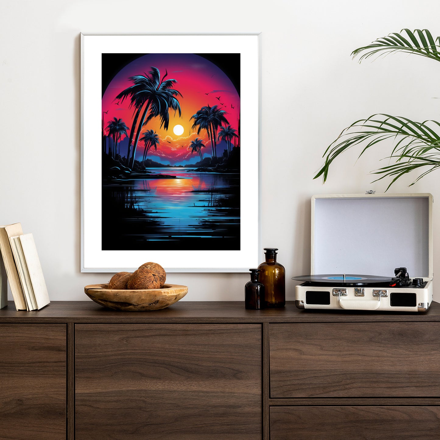 Poster Tropischer Sonnenuntergang Und Palmen Rahmen Holz Mit Passepartout Farbe Natürlich