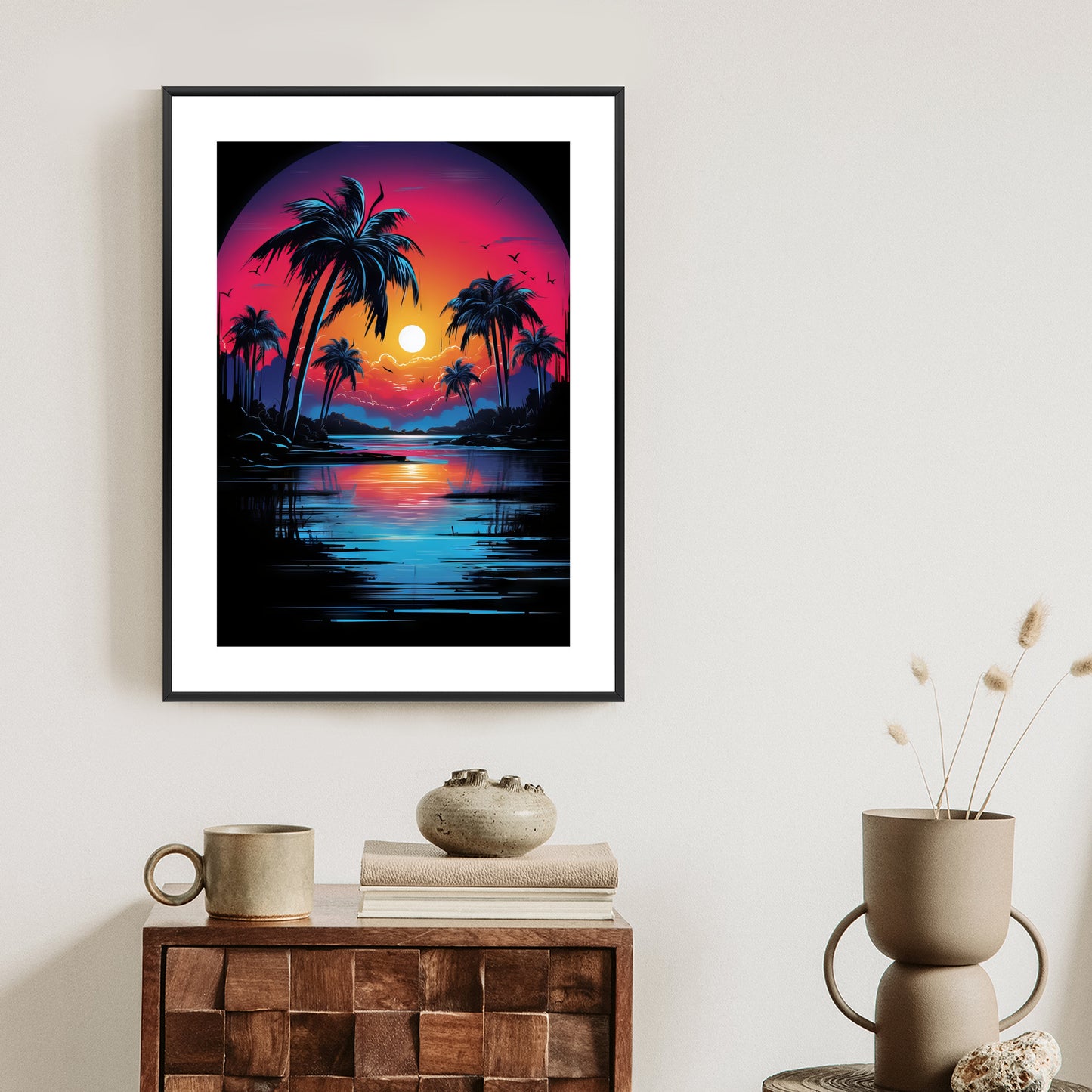 Poster Tropischer Sonnenuntergang Und Palmen Rahmen Holz Mit Passepartout Farbe Natürlich