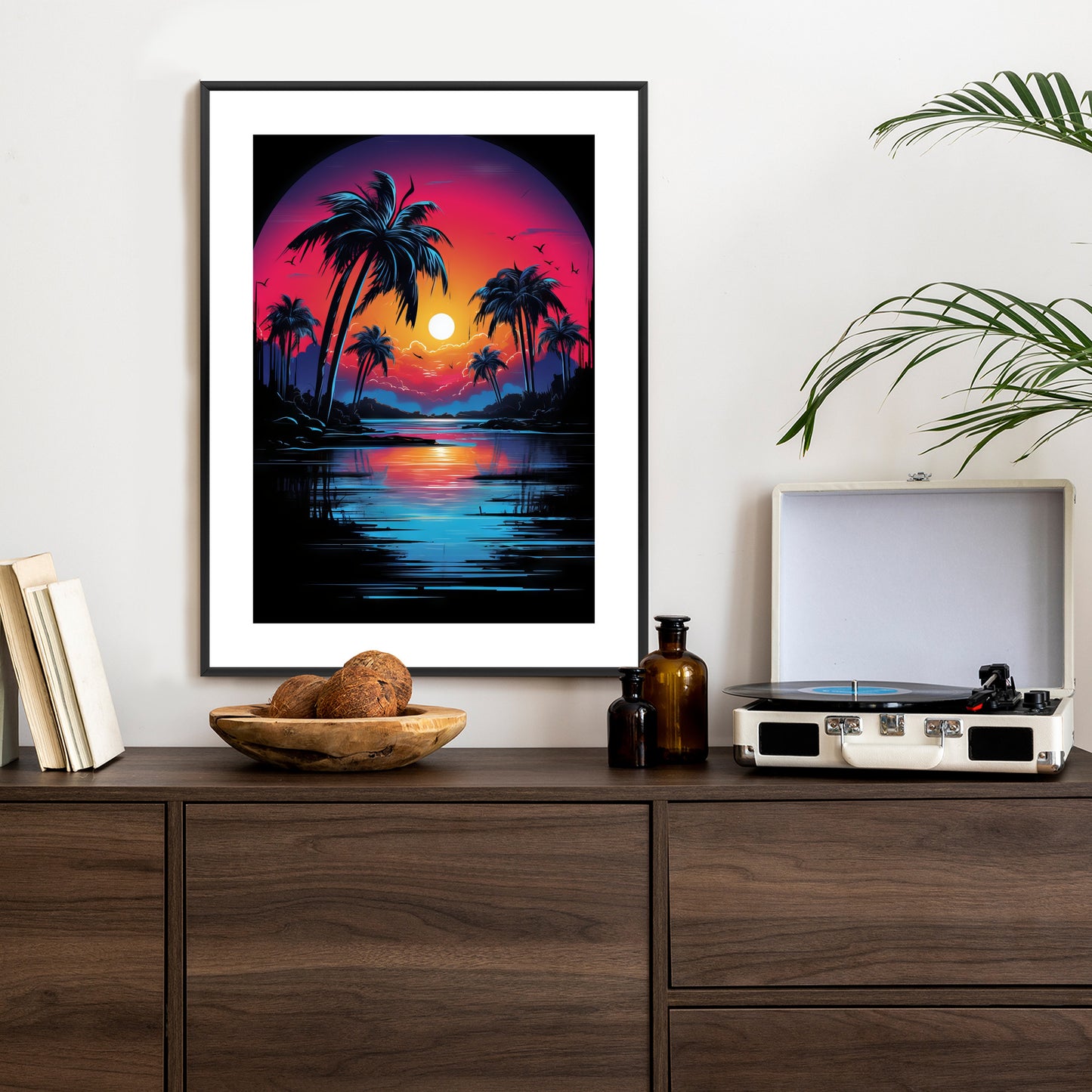 Poster Tropischer Sonnenuntergang Und Palmen Rahmen Holz Mit Passepartout Farbe Natürlich