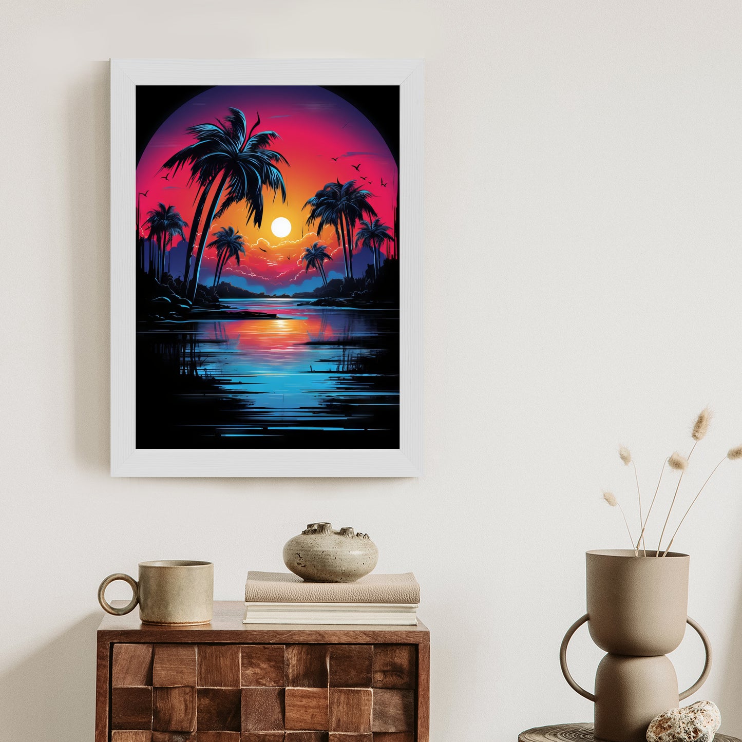 Poster Tropischer Sonnenuntergang Und Palmen Rahmen Holz Mit Passepartout Farbe Natürlich