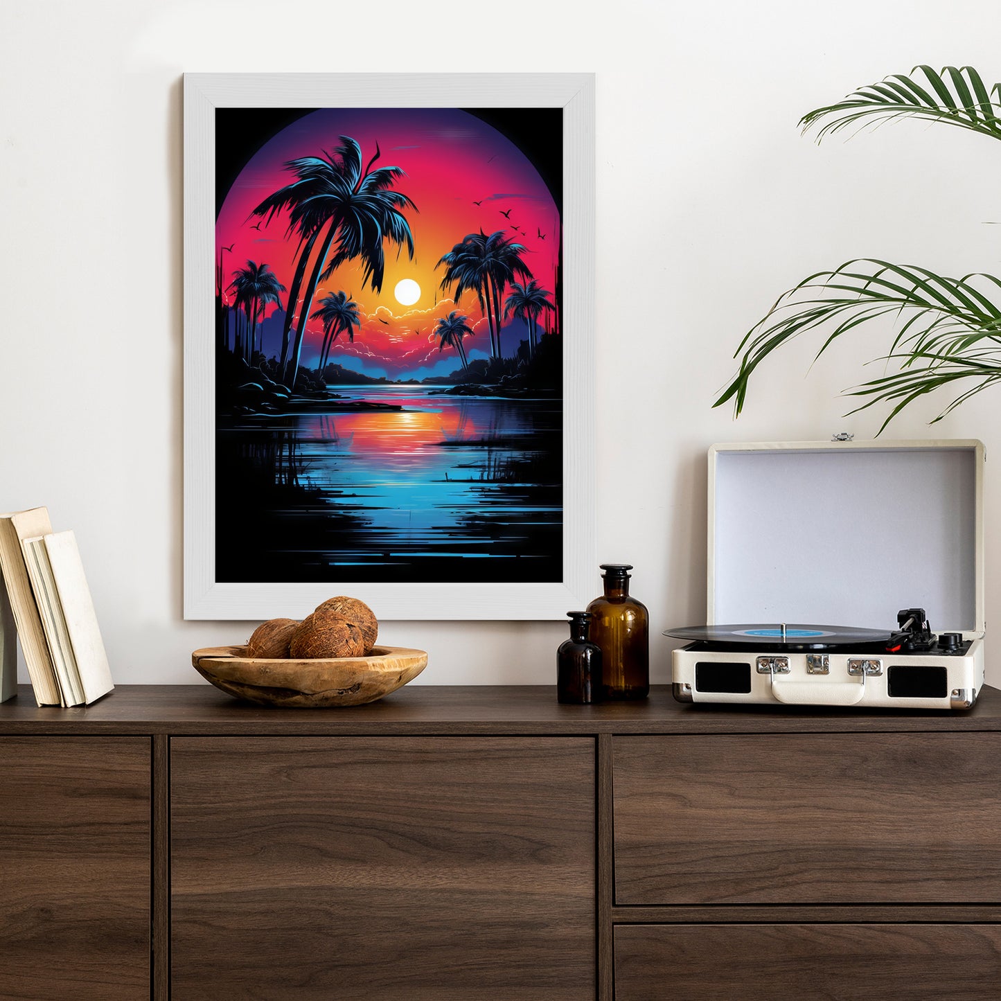 Poster Tropischer Sonnenuntergang Und Palmen Rahmen Holz Mit Passepartout Farbe Natürlich