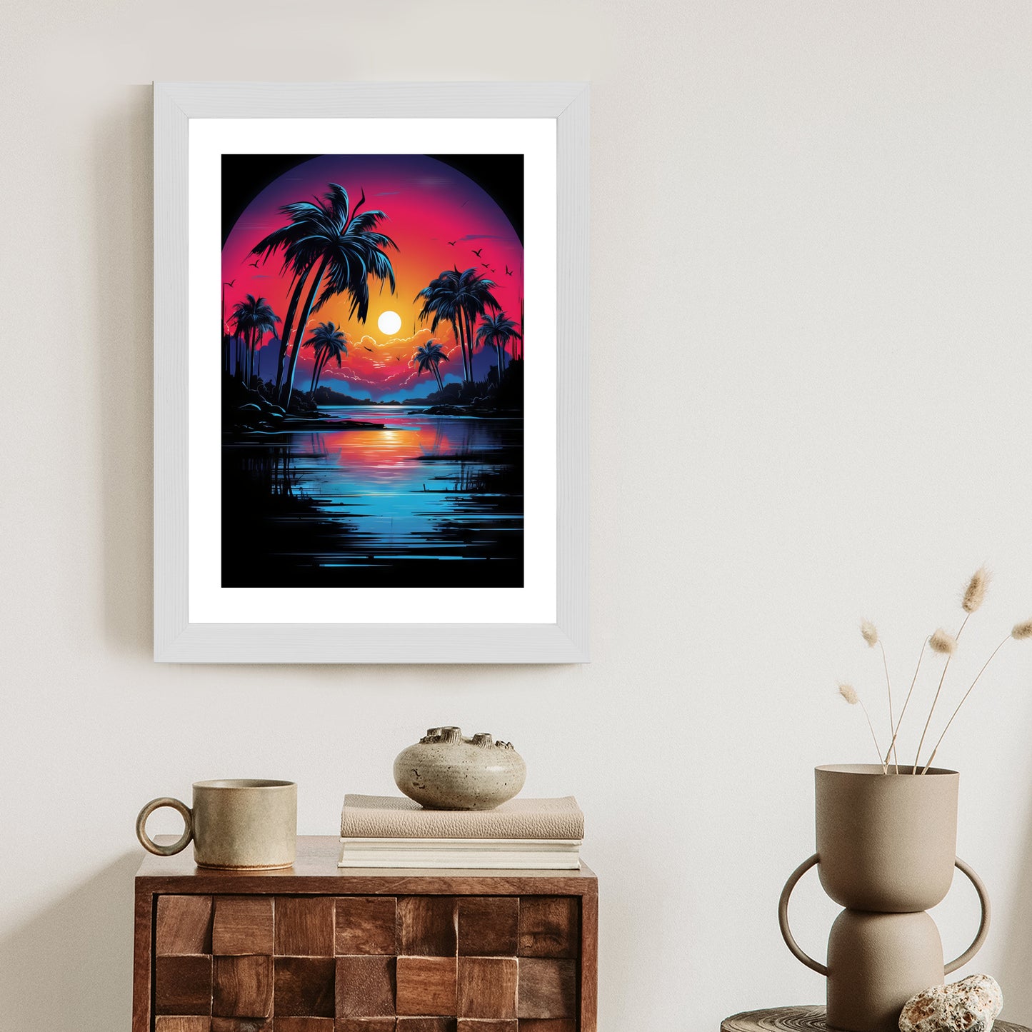 Poster Tropischer Sonnenuntergang Und Palmen Rahmen Holz Mit Passepartout Farbe Natürlich