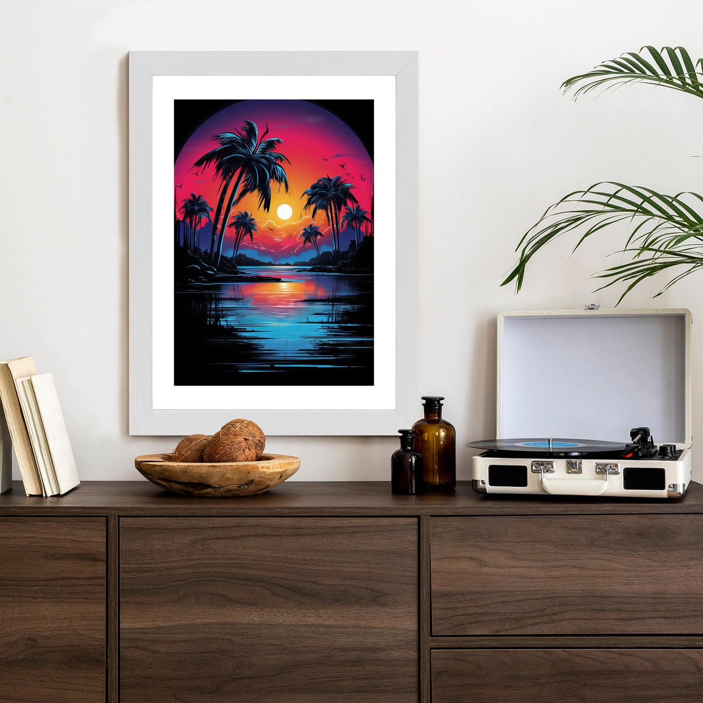 Poster Tropischer Sonnenuntergang Und Palmen Rahmen Holz Mit Passepartout Farbe Natürlich