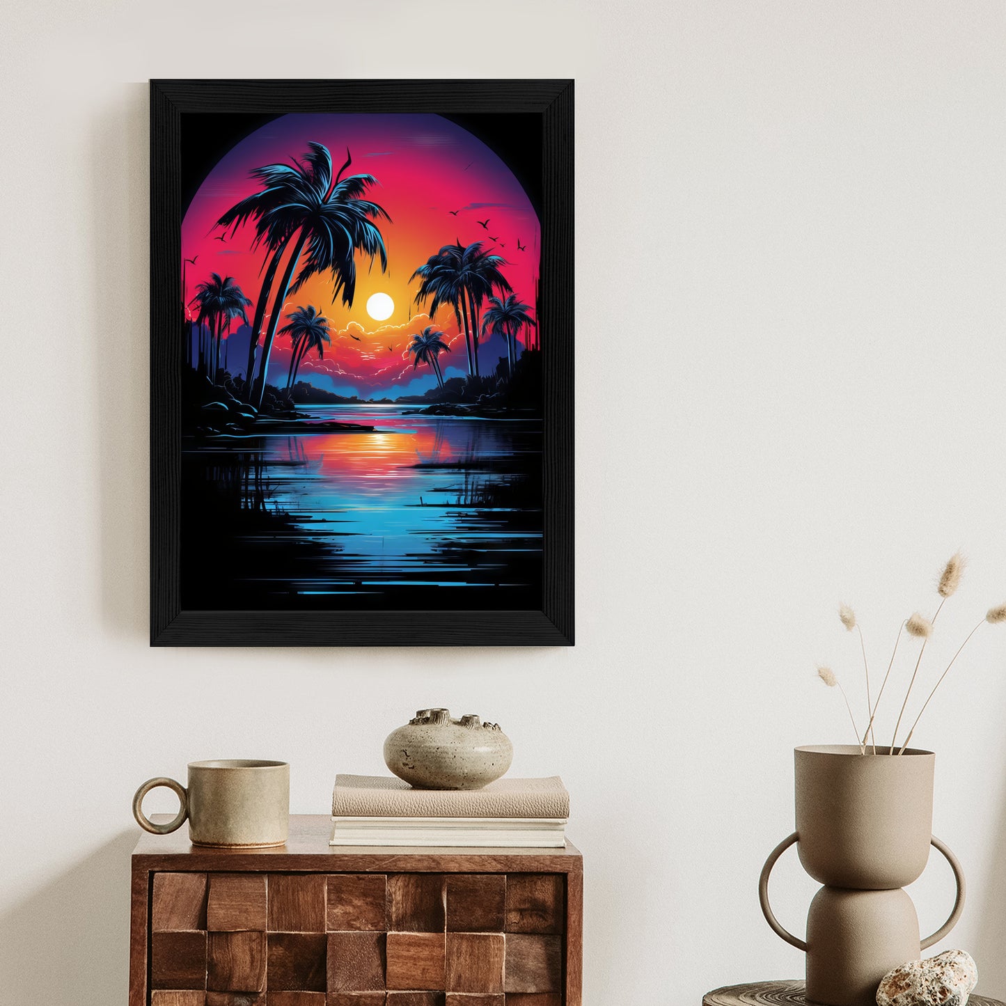 Poster Tropischer Sonnenuntergang Und Palmen Rahmen Holz Mit Passepartout Farbe Natürlich