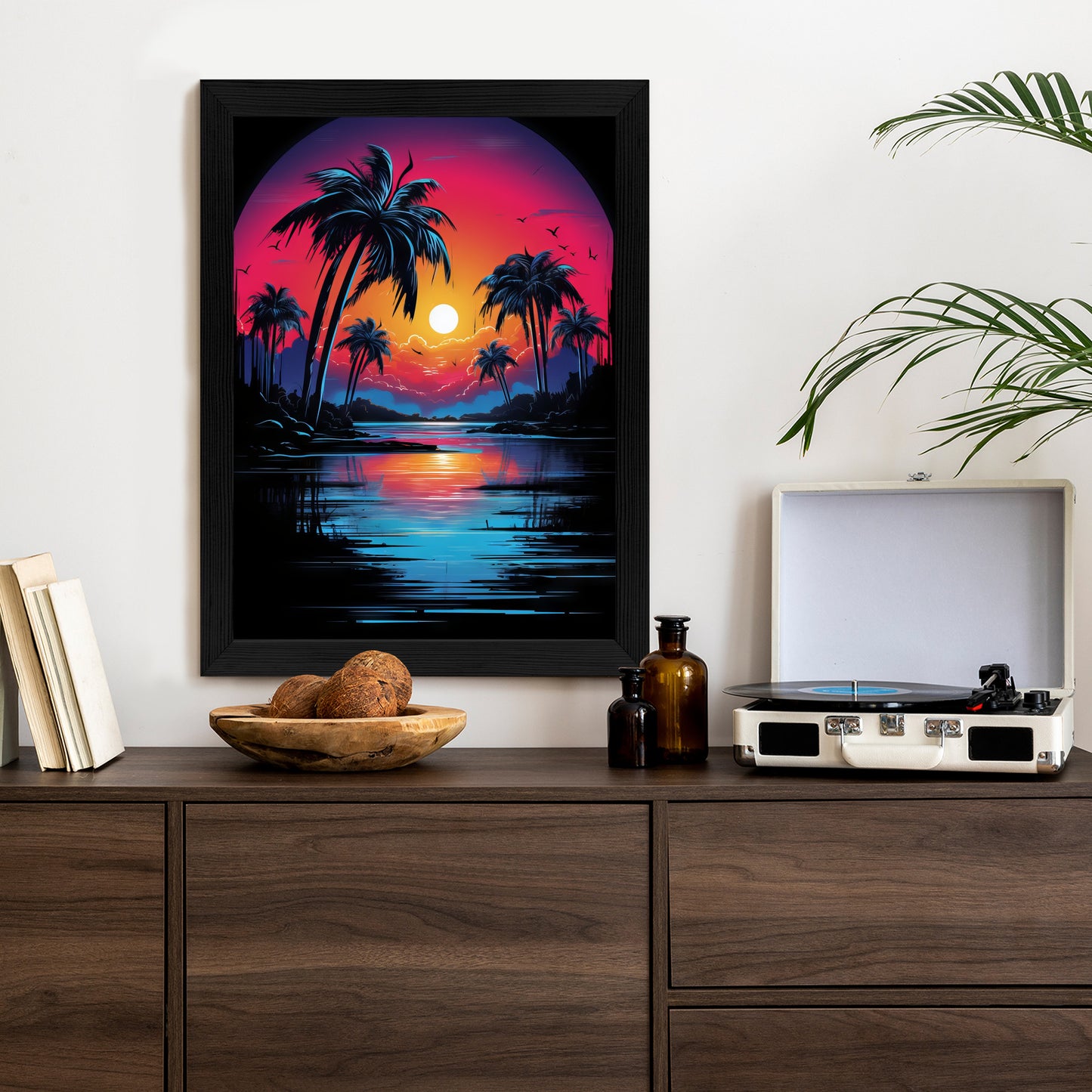 Poster Tropischer Sonnenuntergang Und Palmen Rahmen Holz Mit Passepartout Farbe Natürlich