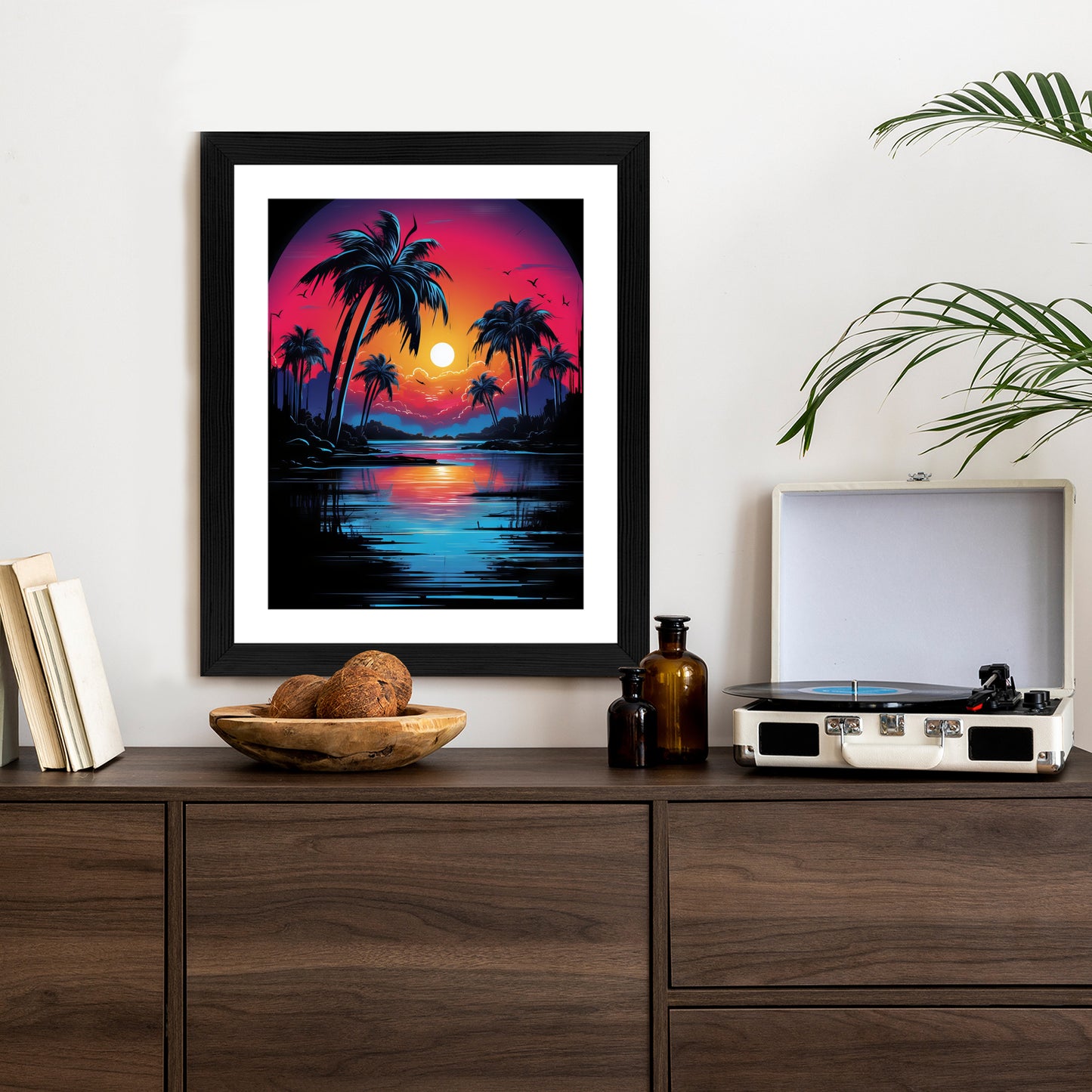 Poster Tropischer Sonnenuntergang Und Palmen Rahmen Holz Mit Passepartout Farbe Natürlich