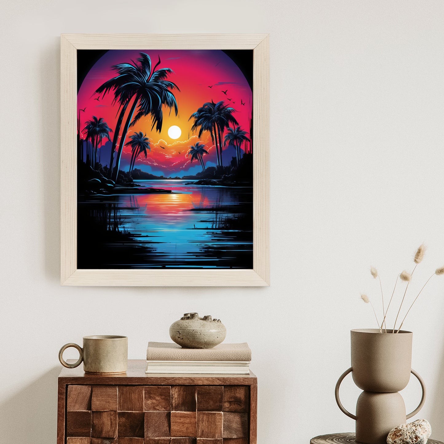 Poster Tropischer Sonnenuntergang Und Palmen Rahmen Holz Mit Passepartout Farbe Natürlich