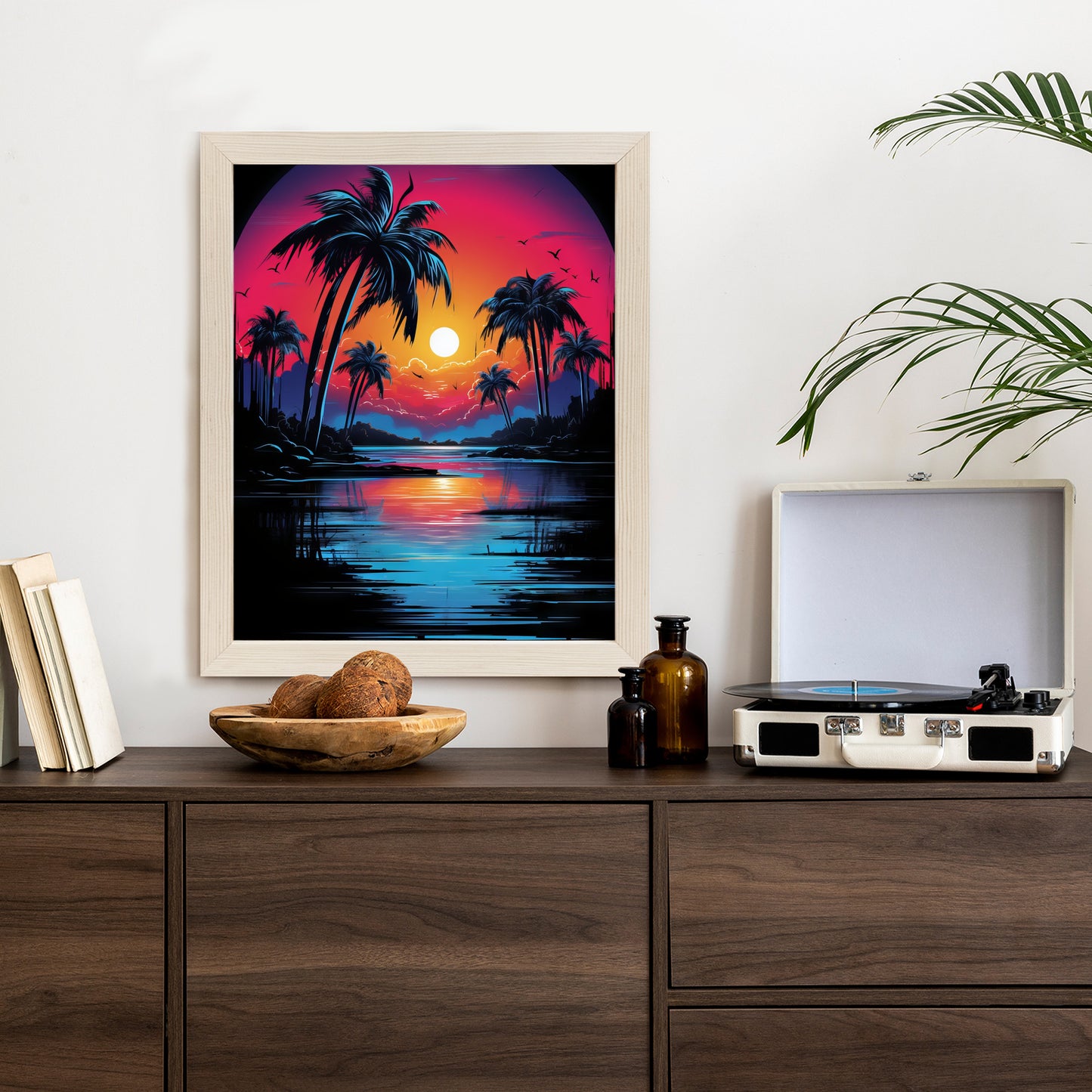 Poster Tropischer Sonnenuntergang Und Palmen Rahmen Holz Mit Passepartout Farbe Natürlich