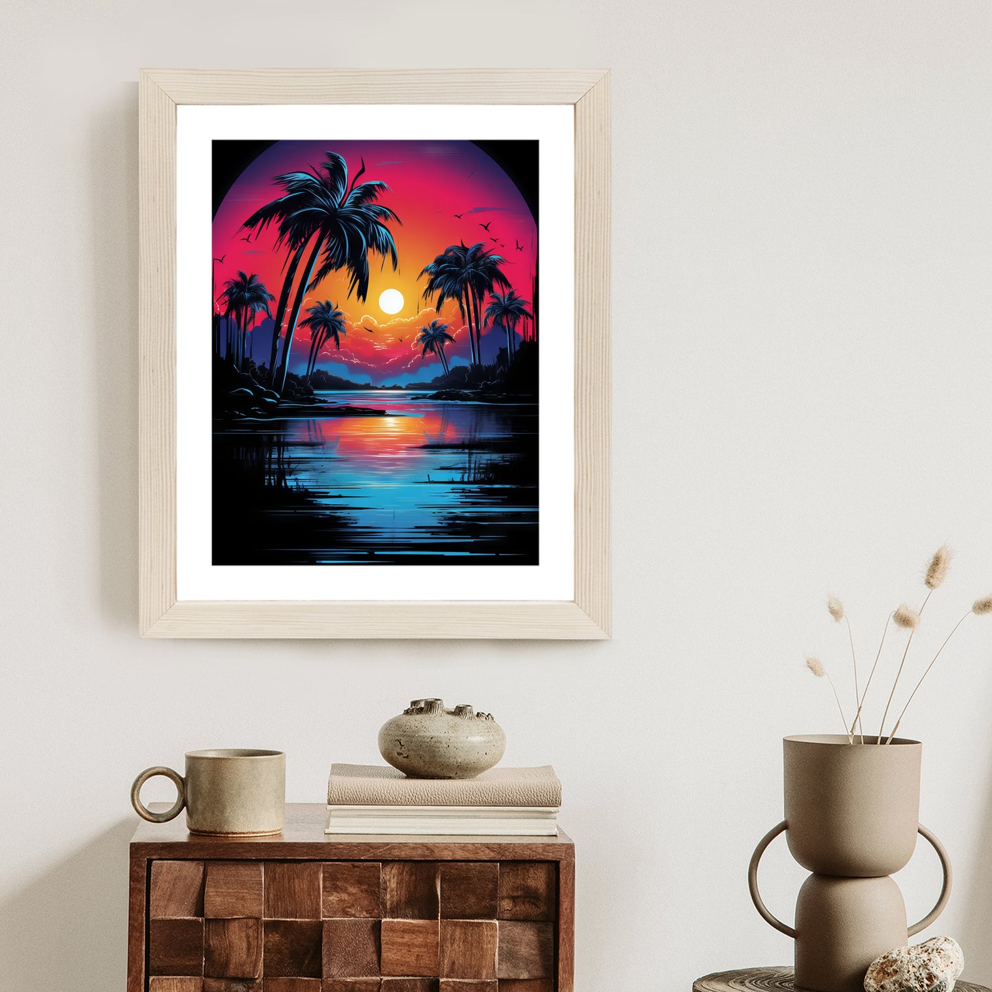 Poster Tropischer Sonnenuntergang Und Palmen Rahmen Holz Mit Passepartout Farbe Natürlich