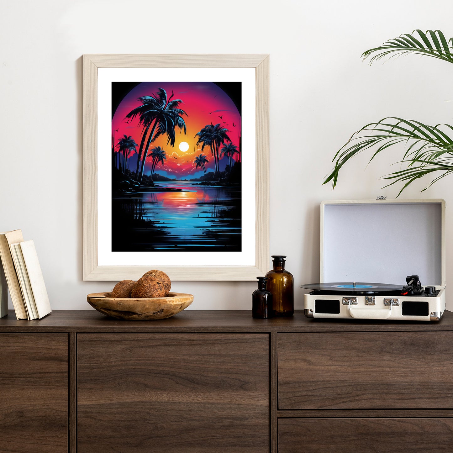 Poster Tropischer Sonnenuntergang Und Palmen Rahmen Holz Mit Passepartout Farbe Natürlich