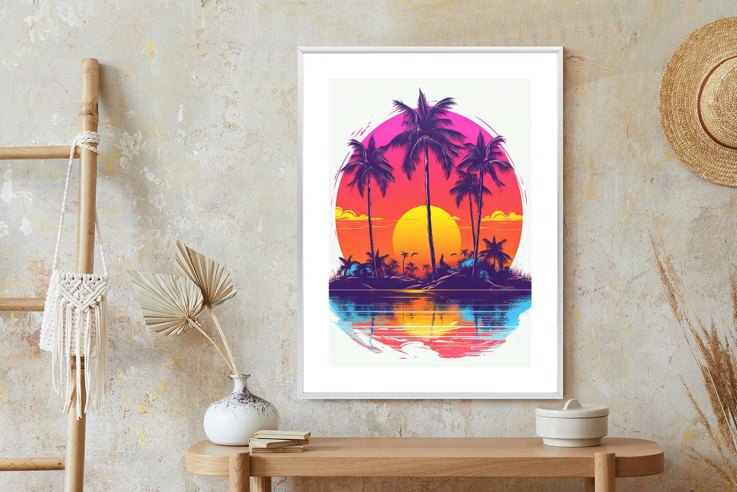 Poster Einsame Insel Mit Palmen Und Der Untergehenden Sonne