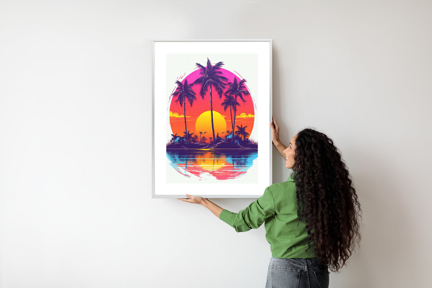 Poster Einsame Insel Mit Palmen Und Der Untergehenden Sonne