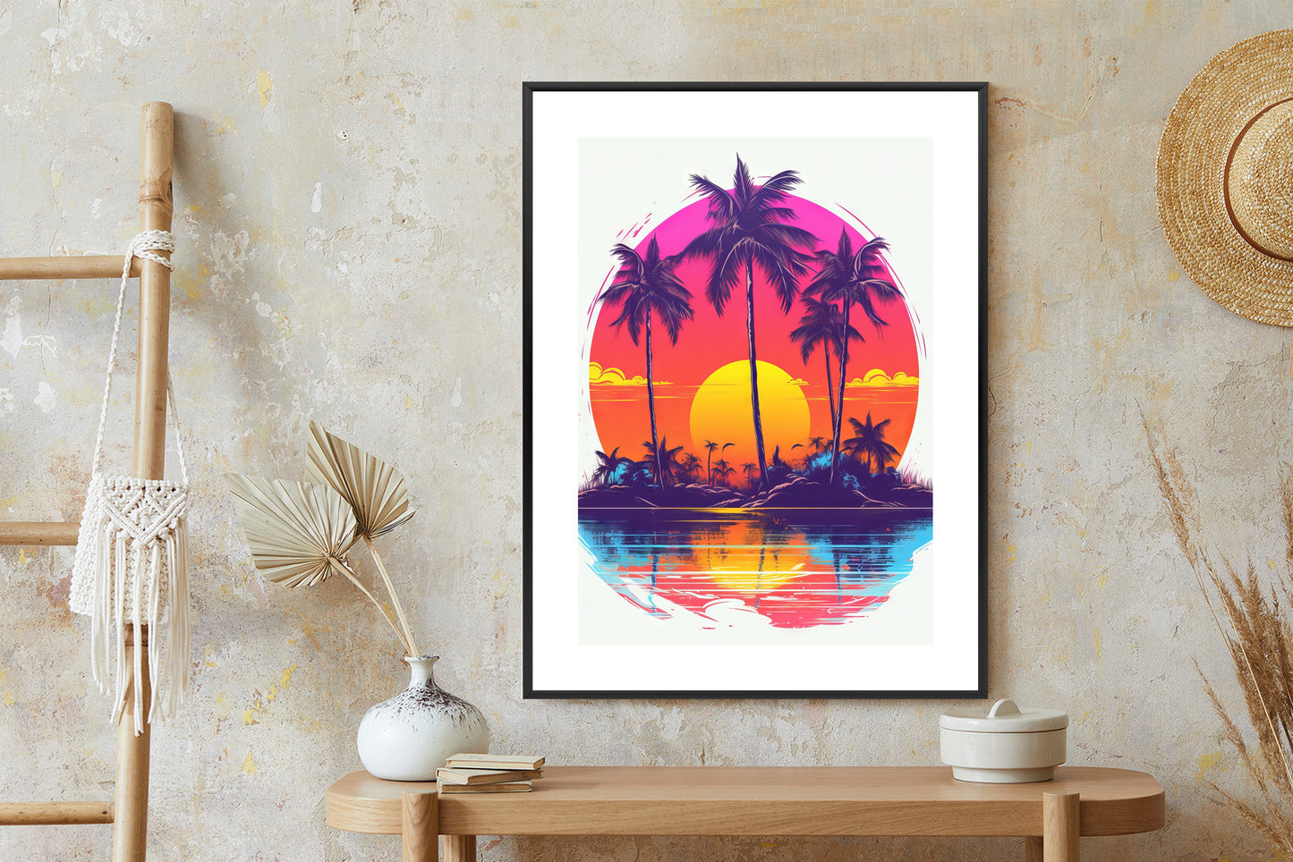 Poster Einsame Insel Mit Palmen Und Der Untergehenden Sonne