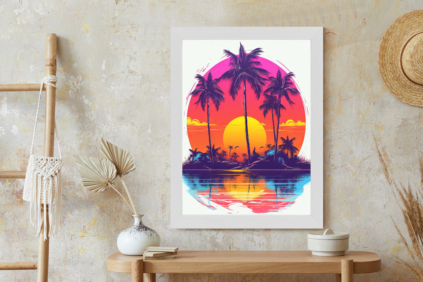 Poster Einsame Insel Mit Palmen Und Der Untergehenden Sonne