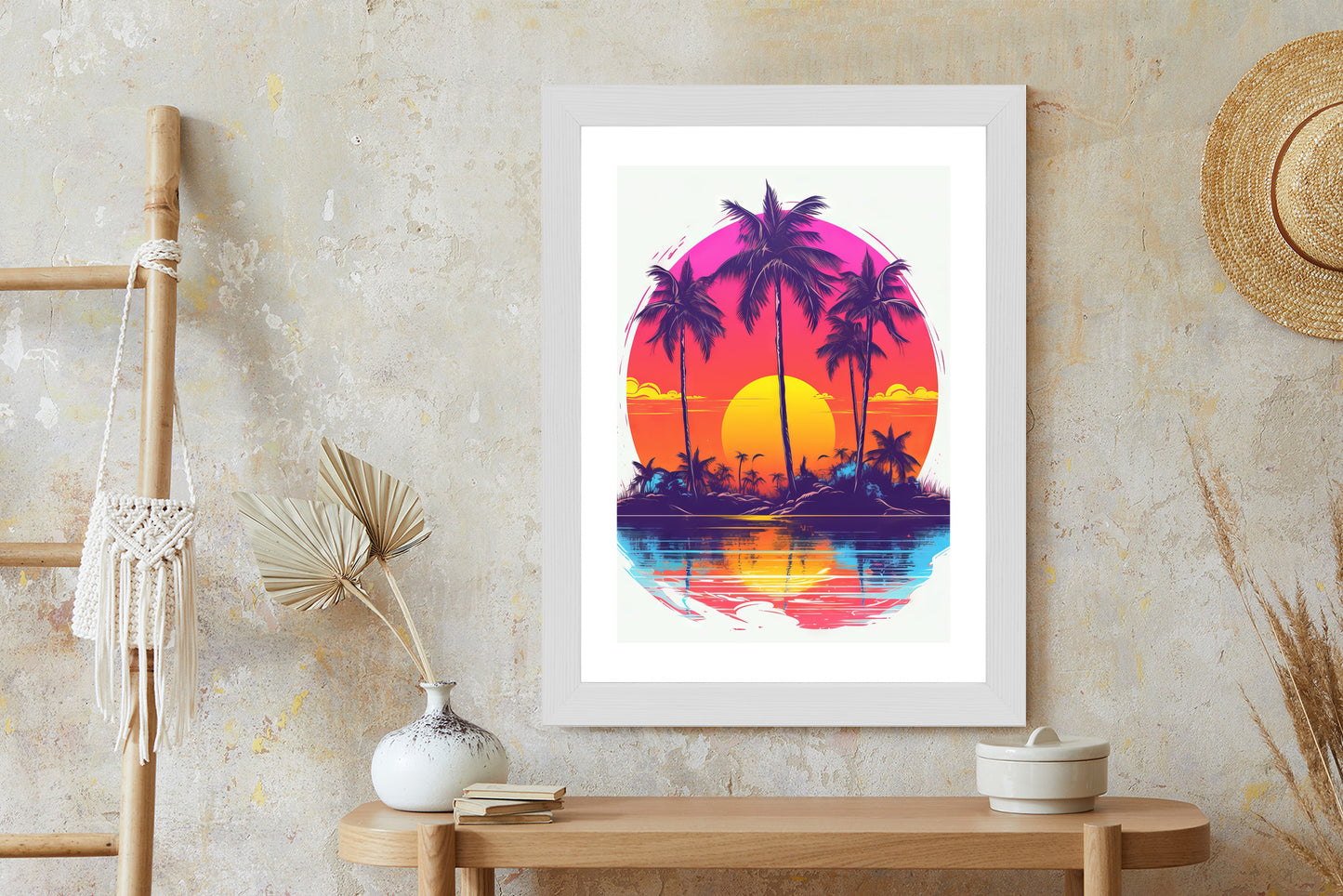 Poster Einsame Insel Mit Palmen Und Der Untergehenden Sonne