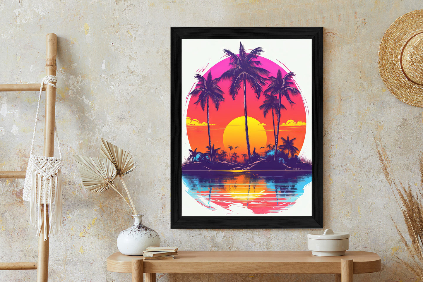 Poster Einsame Insel Mit Palmen Und Der Untergehenden Sonne