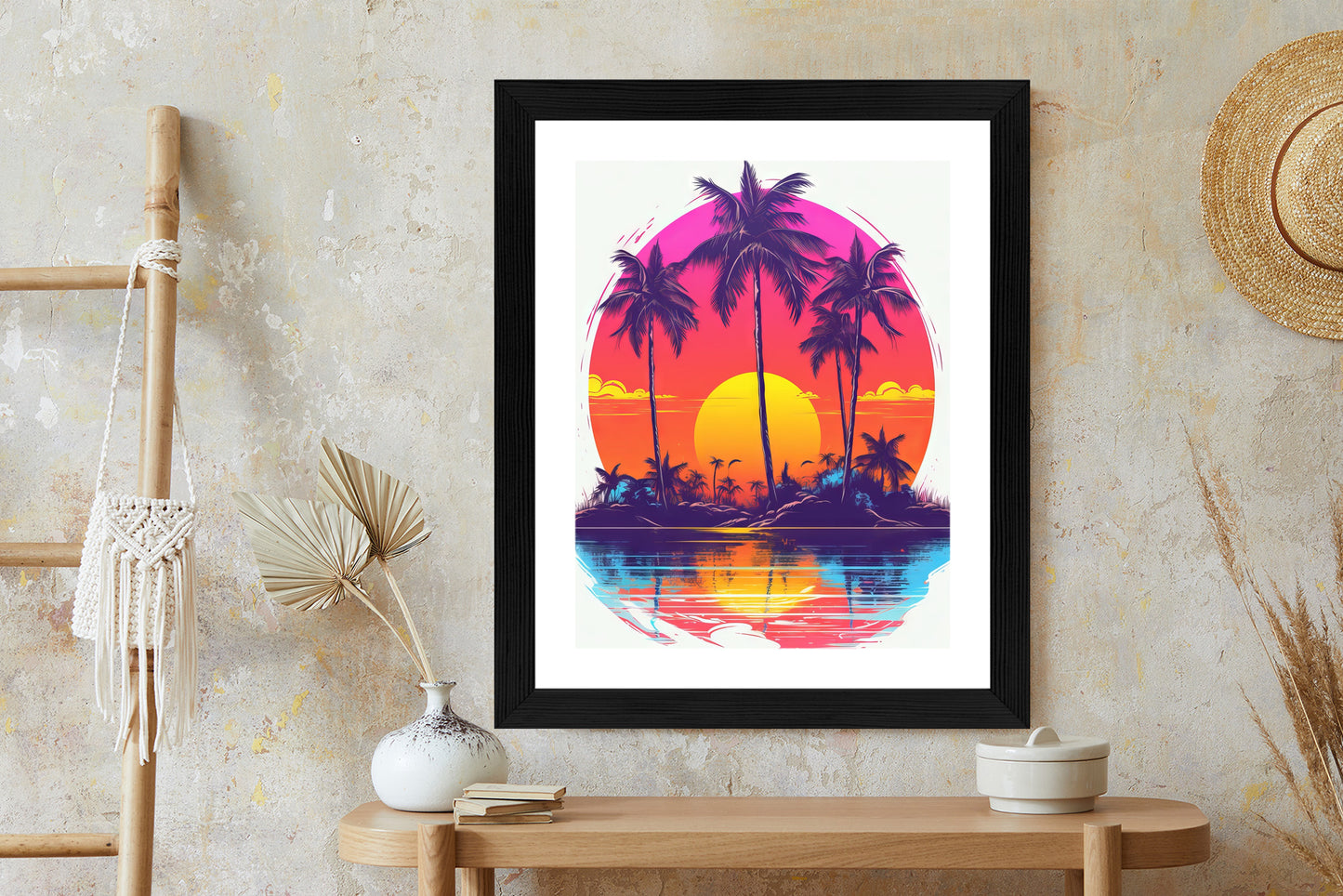Poster Einsame Insel Mit Palmen Und Der Untergehenden Sonne
