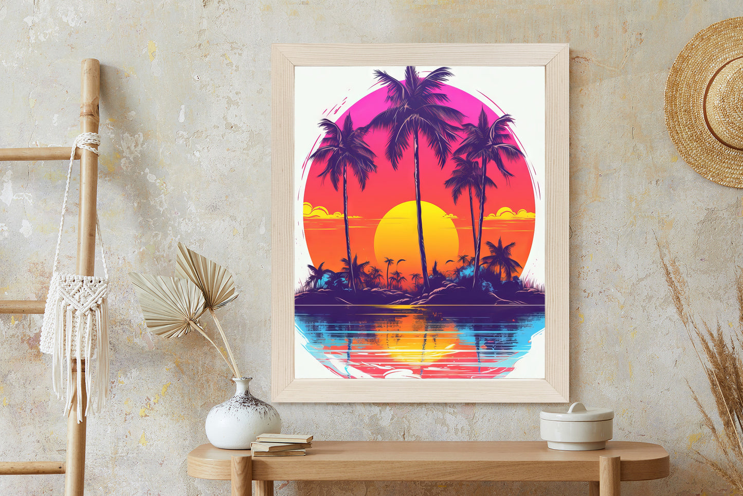 Poster Einsame Insel Mit Palmen Und Der Untergehenden Sonne