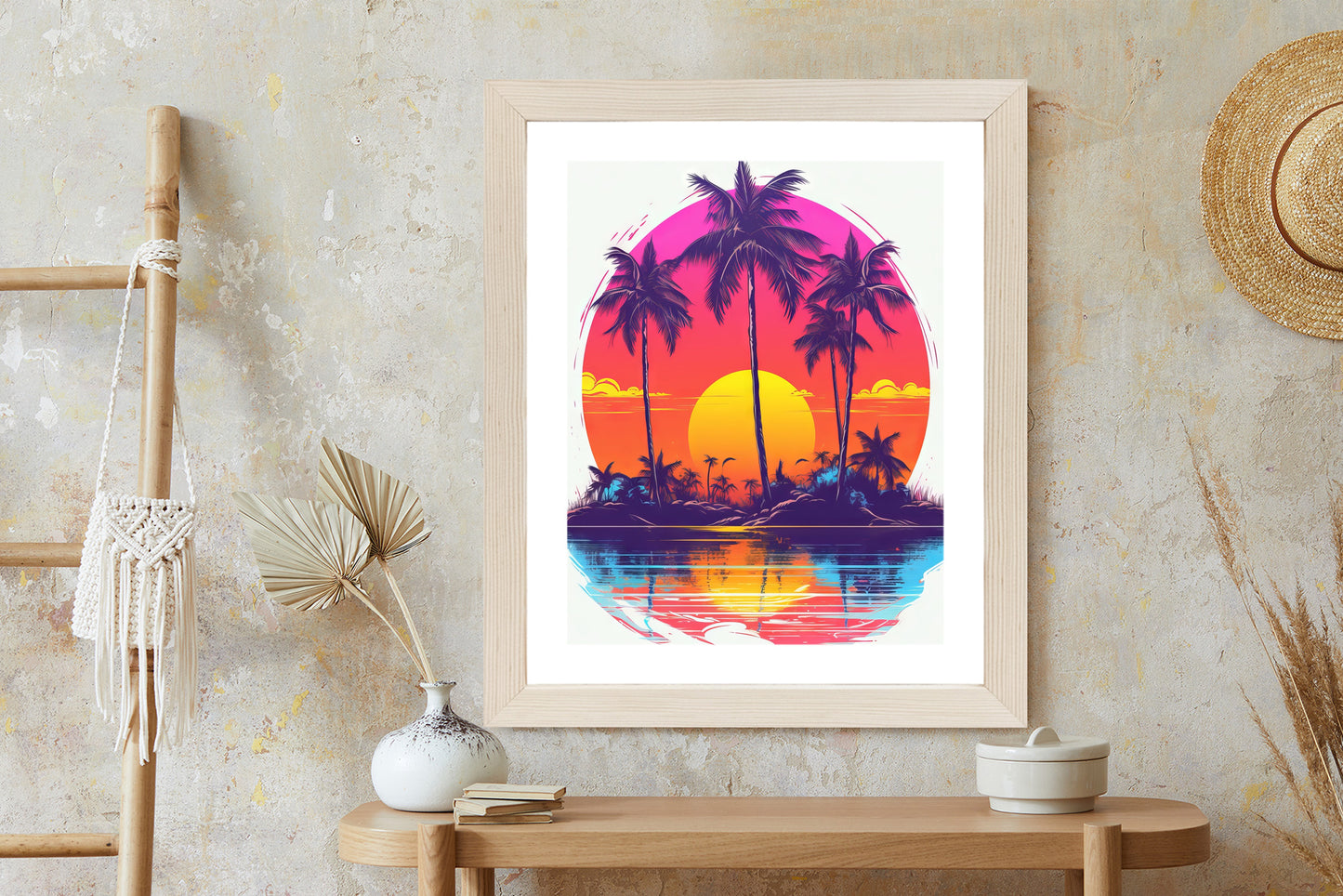 Poster Einsame Insel Mit Palmen Und Der Untergehenden Sonne