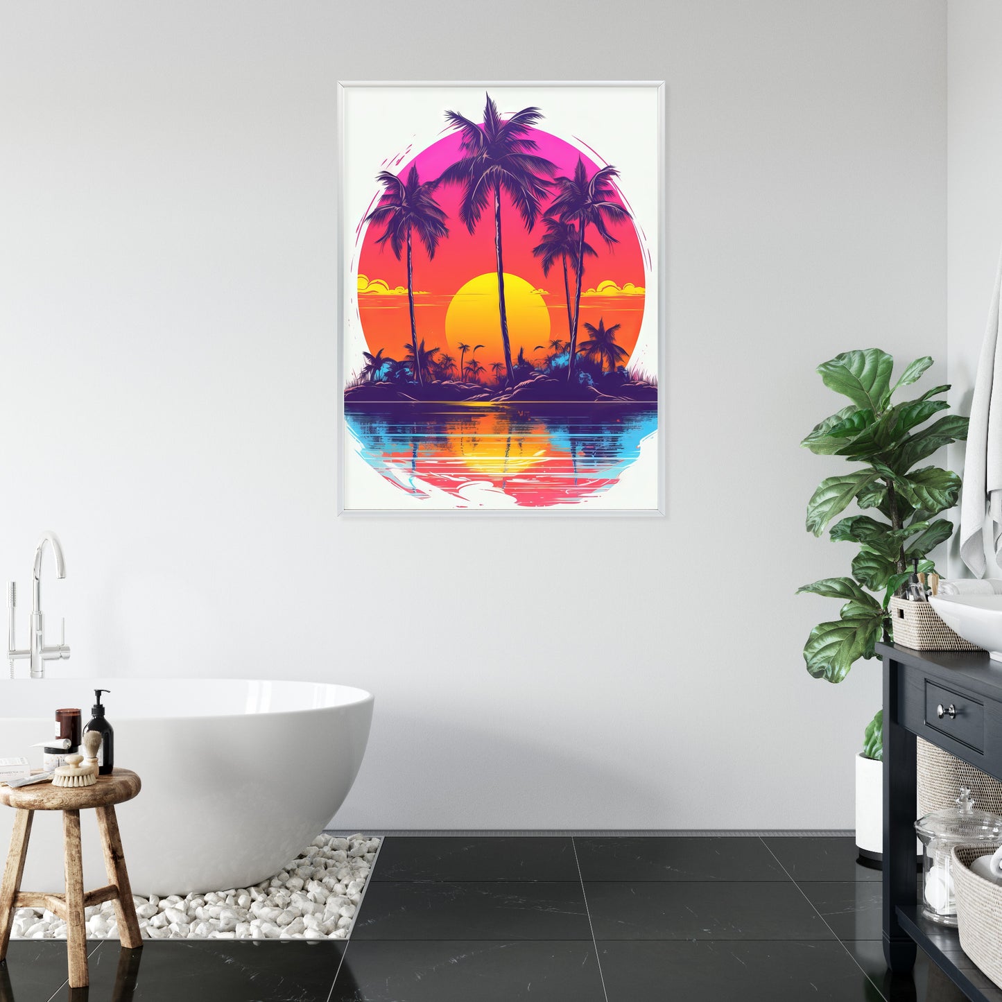 Poster Einsame Insel Mit Palmen Und Der Untergehenden Sonne