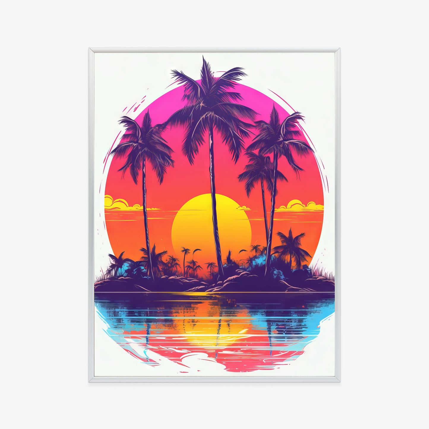 Poster Einsame Insel Mit Palmen Und Der Untergehenden Sonne