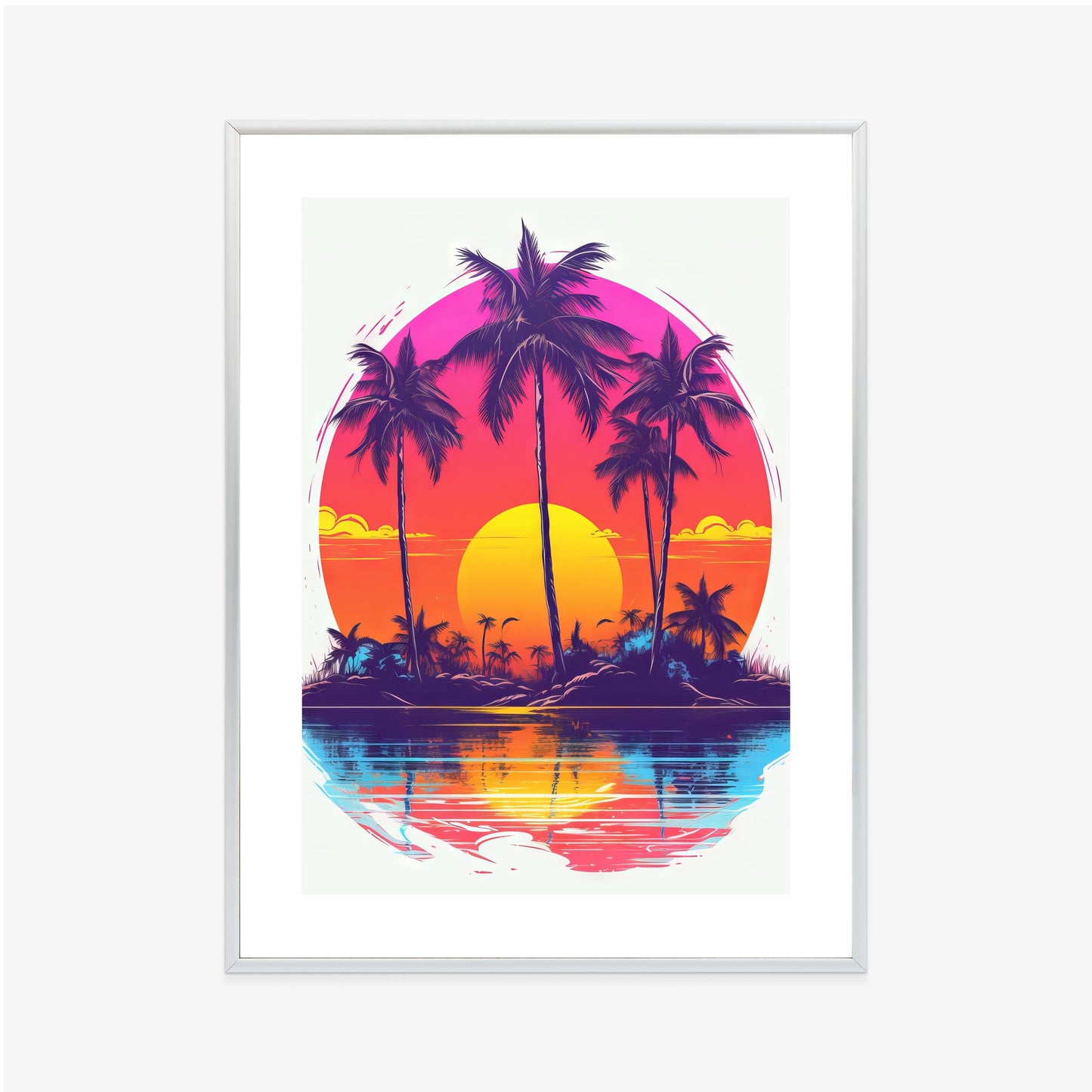 Poster Einsame Insel Mit Palmen Und Der Untergehenden Sonne
