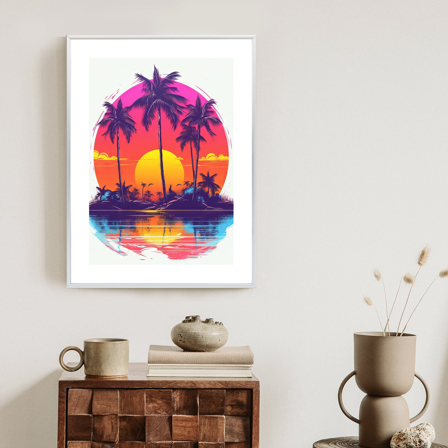 Poster Einsame Insel Mit Palmen Und Der Untergehenden Sonne