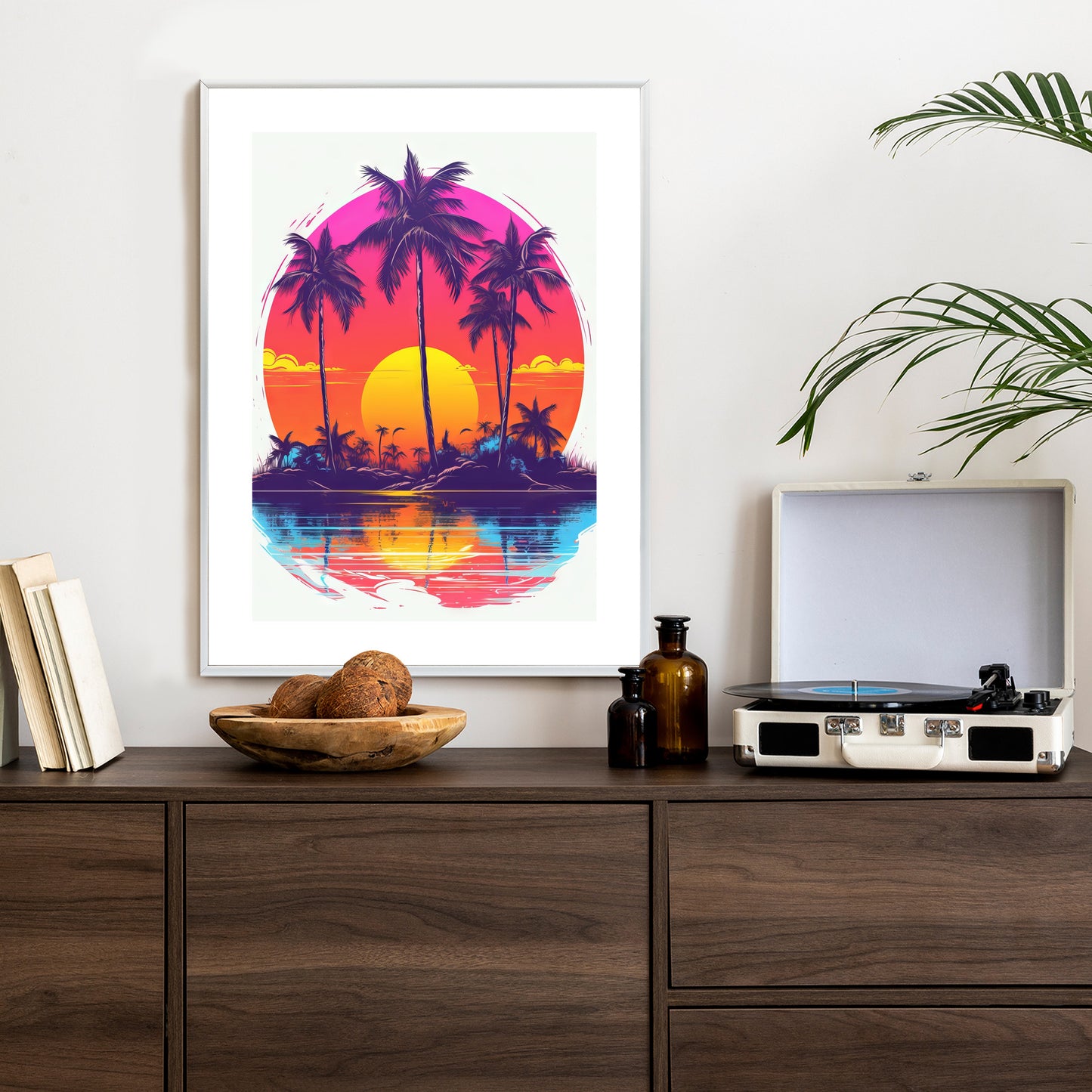 Poster Einsame Insel Mit Palmen Und Der Untergehenden Sonne