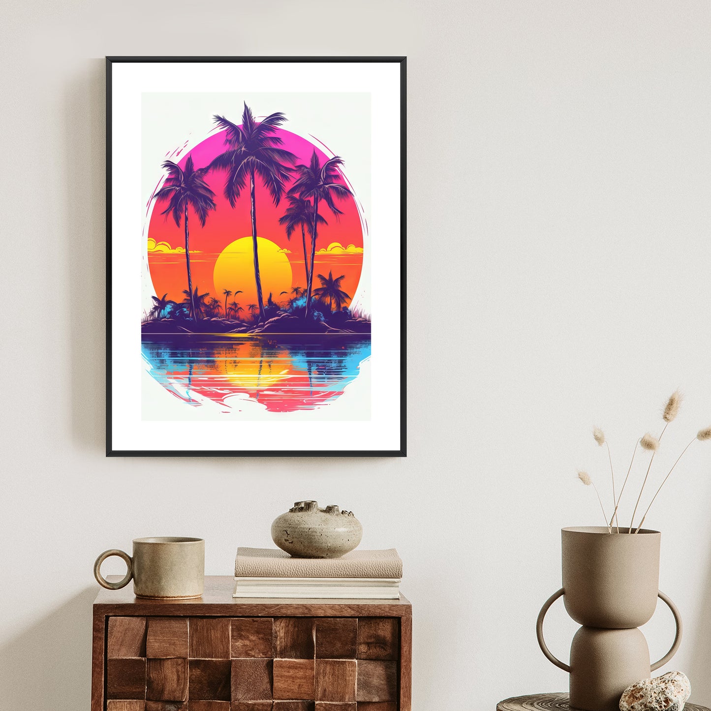 Poster Einsame Insel Mit Palmen Und Der Untergehenden Sonne