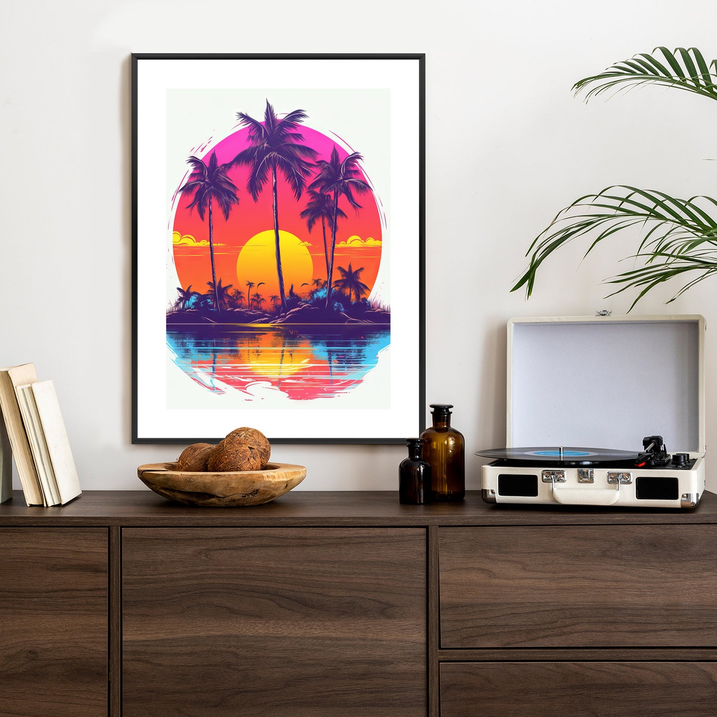Poster Einsame Insel Mit Palmen Und Der Untergehenden Sonne
