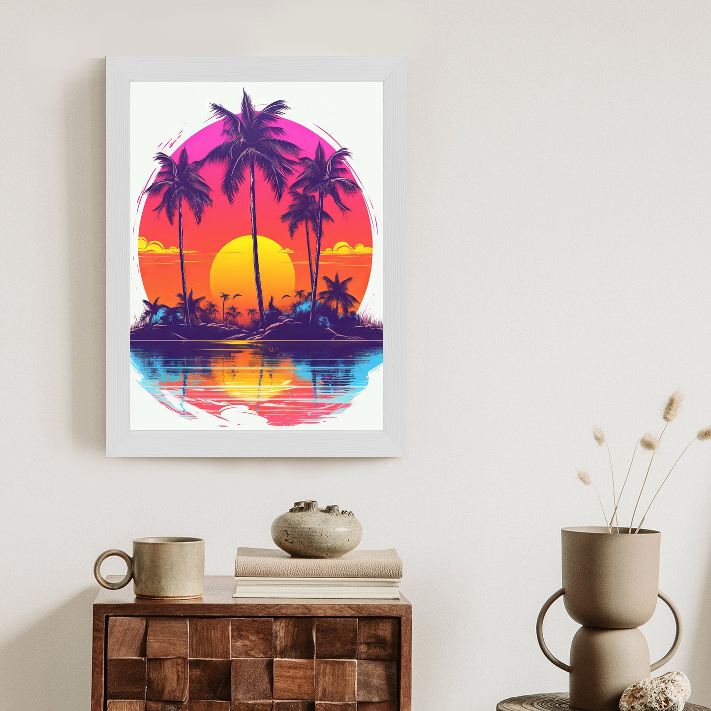Poster Einsame Insel Mit Palmen Und Der Untergehenden Sonne