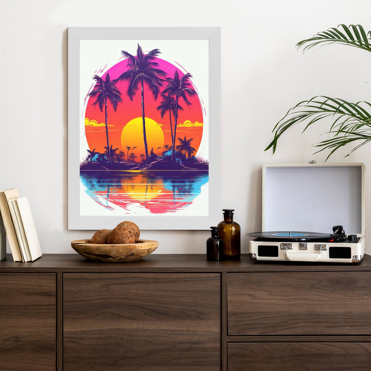Poster Einsame Insel Mit Palmen Und Der Untergehenden Sonne