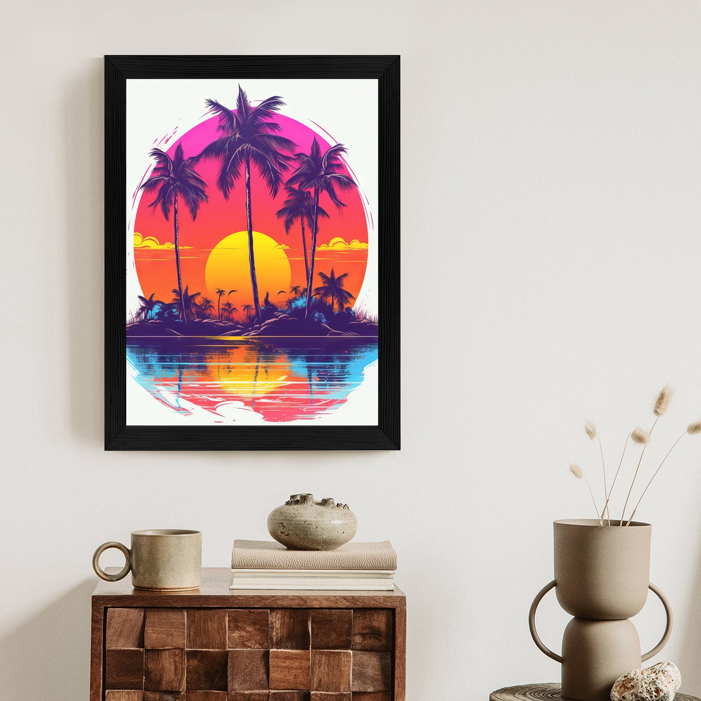 Poster Einsame Insel Mit Palmen Und Der Untergehenden Sonne