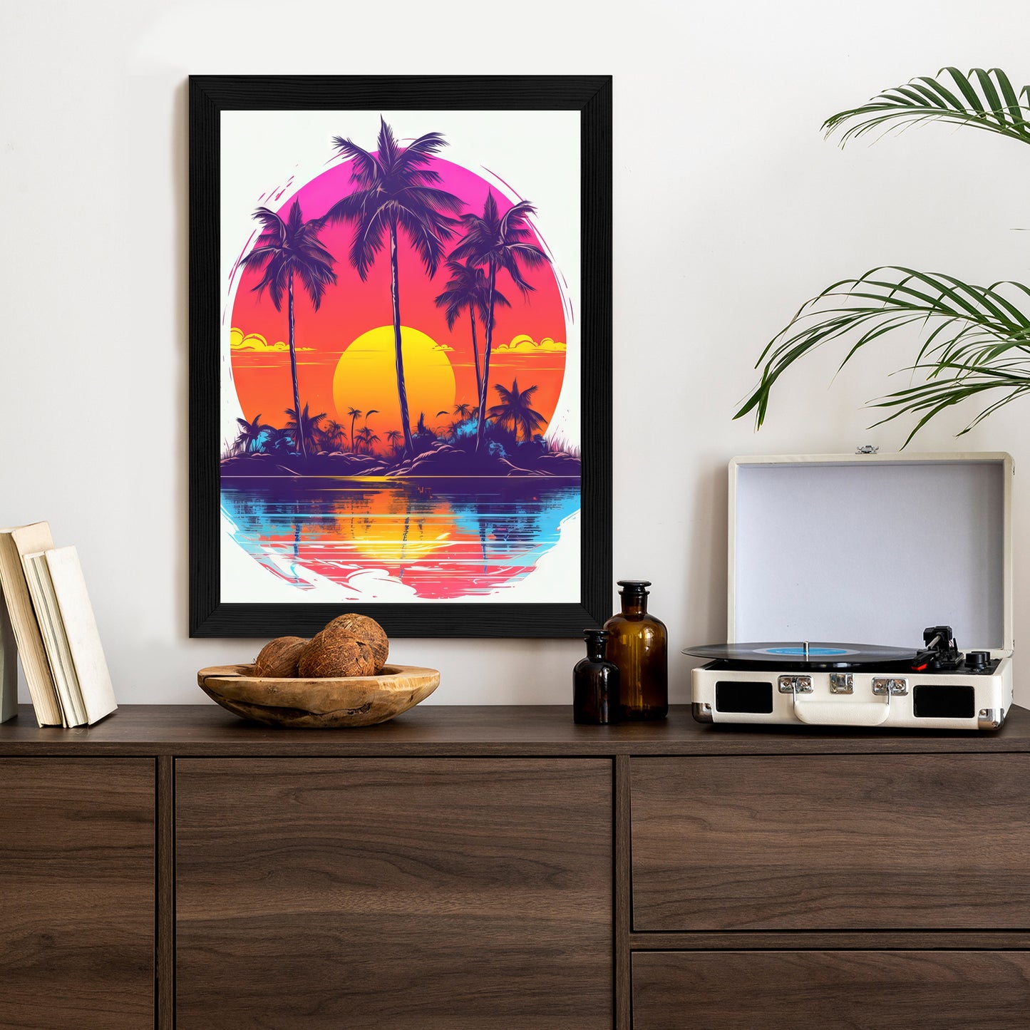 Poster Einsame Insel Mit Palmen Und Der Untergehenden Sonne