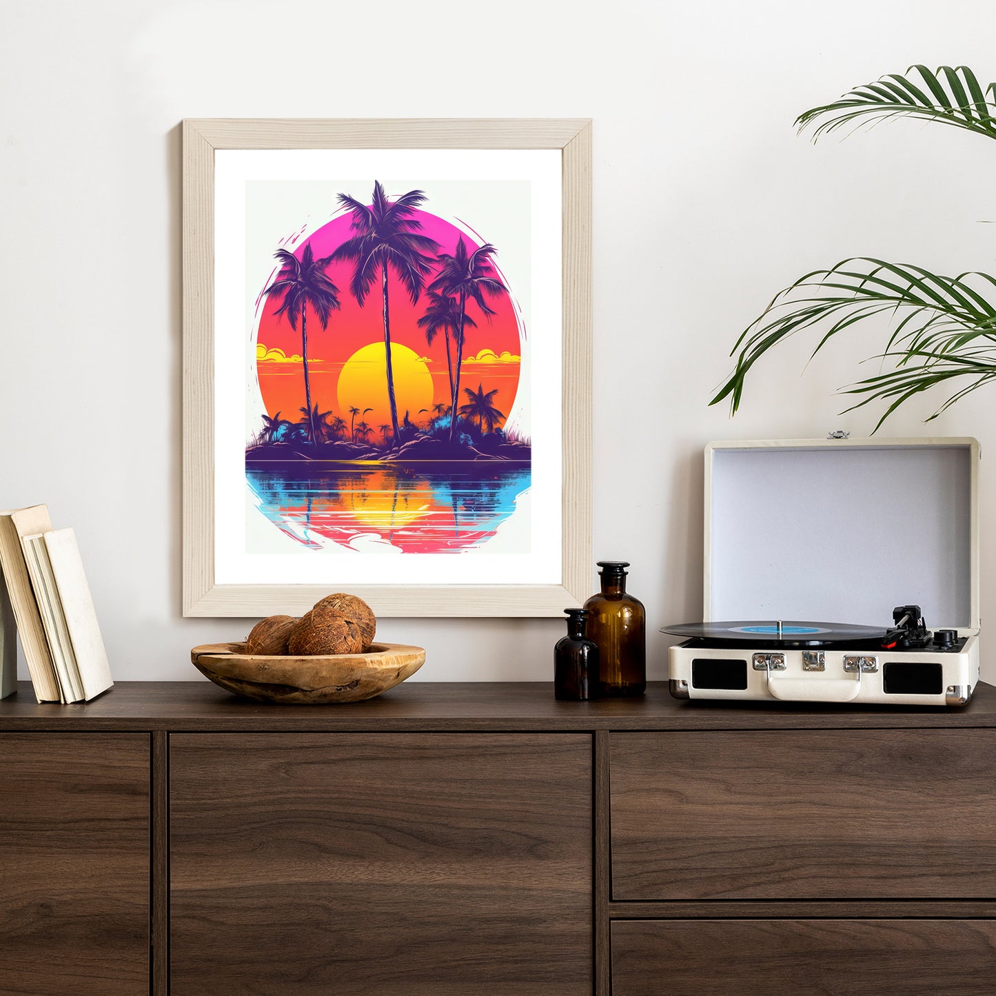 Poster Einsame Insel Mit Palmen Und Der Untergehenden Sonne