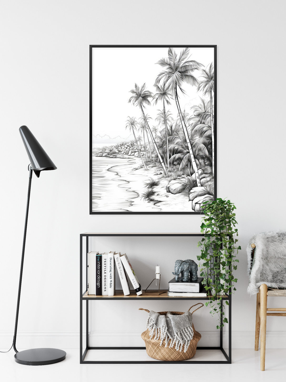 Poster Tropischer Strand Mit Palmen Und Sandiger Meeresküste Rahmen Holz Mit Passepartout Farbe Natürlich