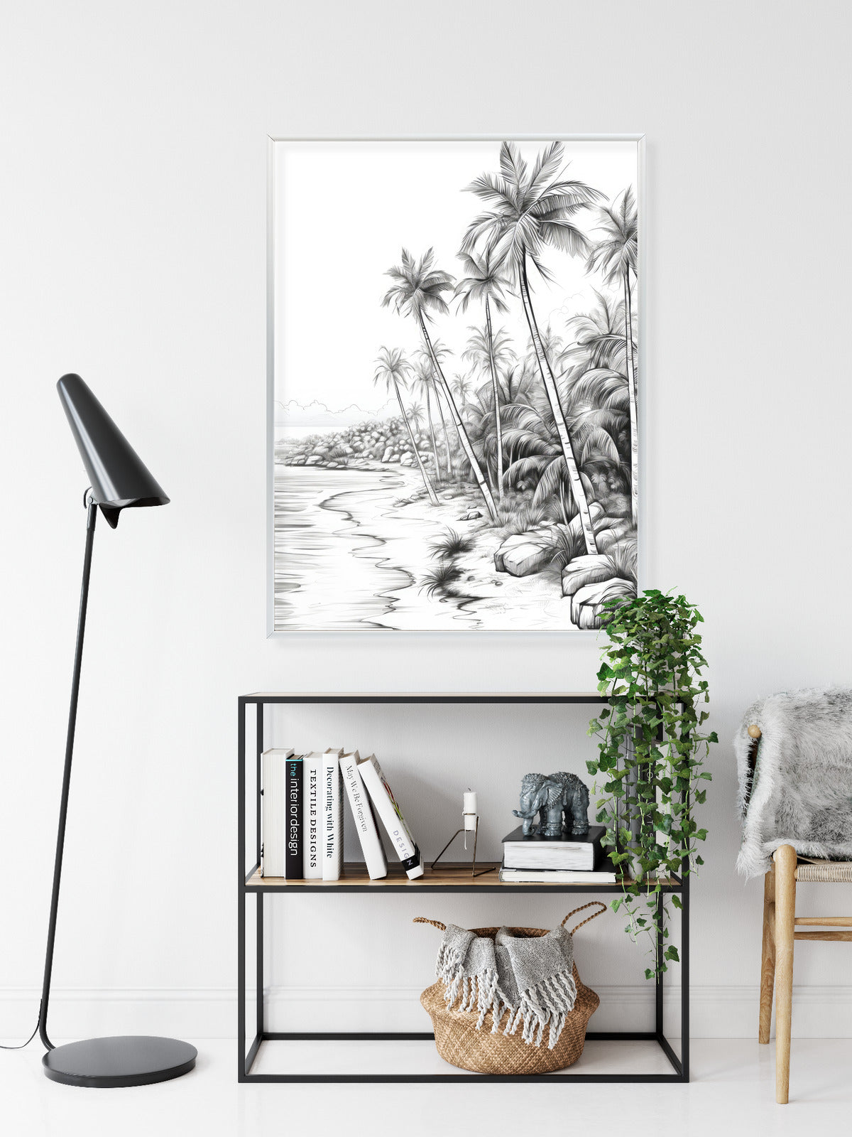 Poster Tropischer Strand Mit Palmen Und Sandiger Meeresküste Rahmen Holz Mit Passepartout Farbe Natürlich