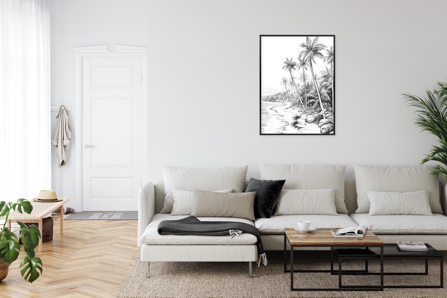 Poster Tropischer Strand Mit Palmen Und Sandiger Meeresküste Rahmen Holz Mit Passepartout Farbe Natürlich