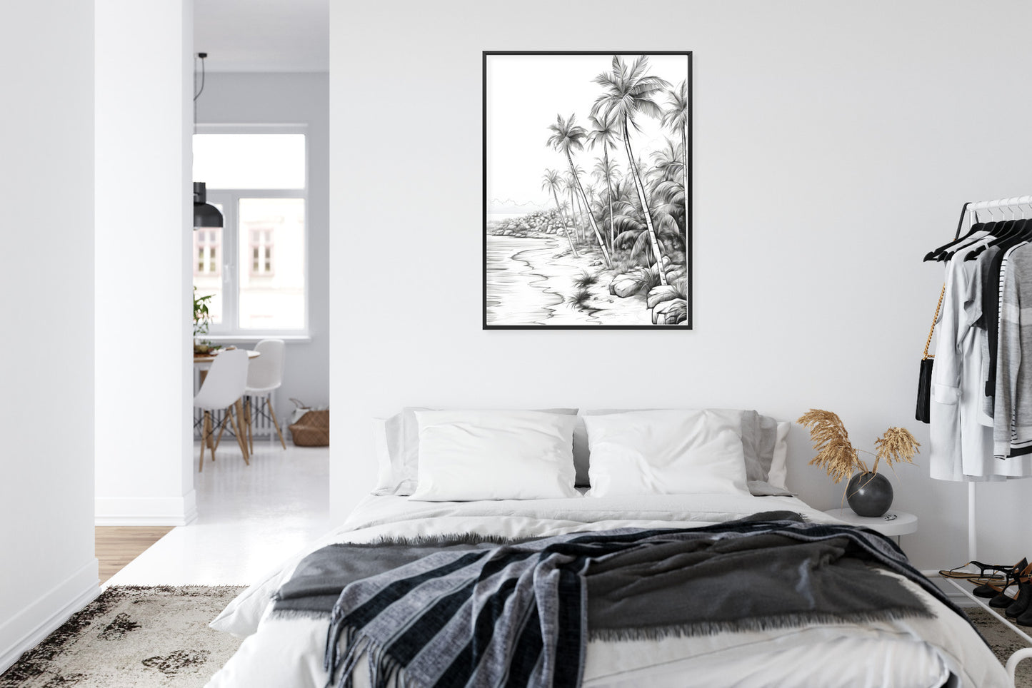 Poster Tropischer Strand Mit Palmen Und Sandiger Meeresküste Rahmen Holz Mit Passepartout Farbe Natürlich