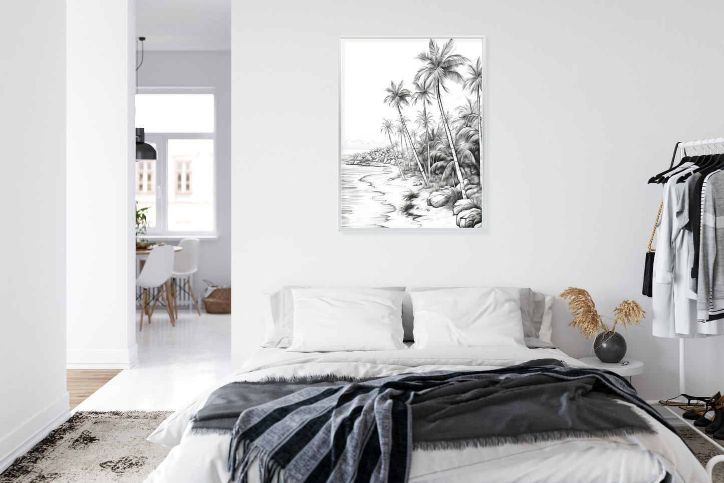 Poster Tropischer Strand Mit Palmen Und Sandiger Meeresküste Rahmen Holz Mit Passepartout Farbe Natürlich