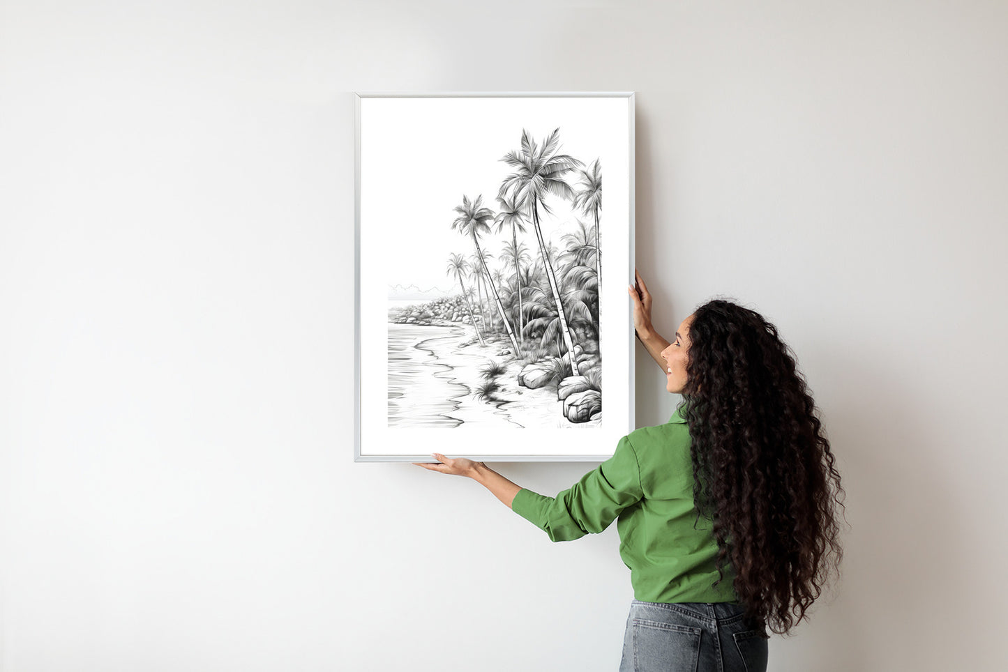 Poster Tropischer Strand Mit Palmen Und Sandiger Meeresküste Rahmen Holz Mit Passepartout Farbe Natürlich