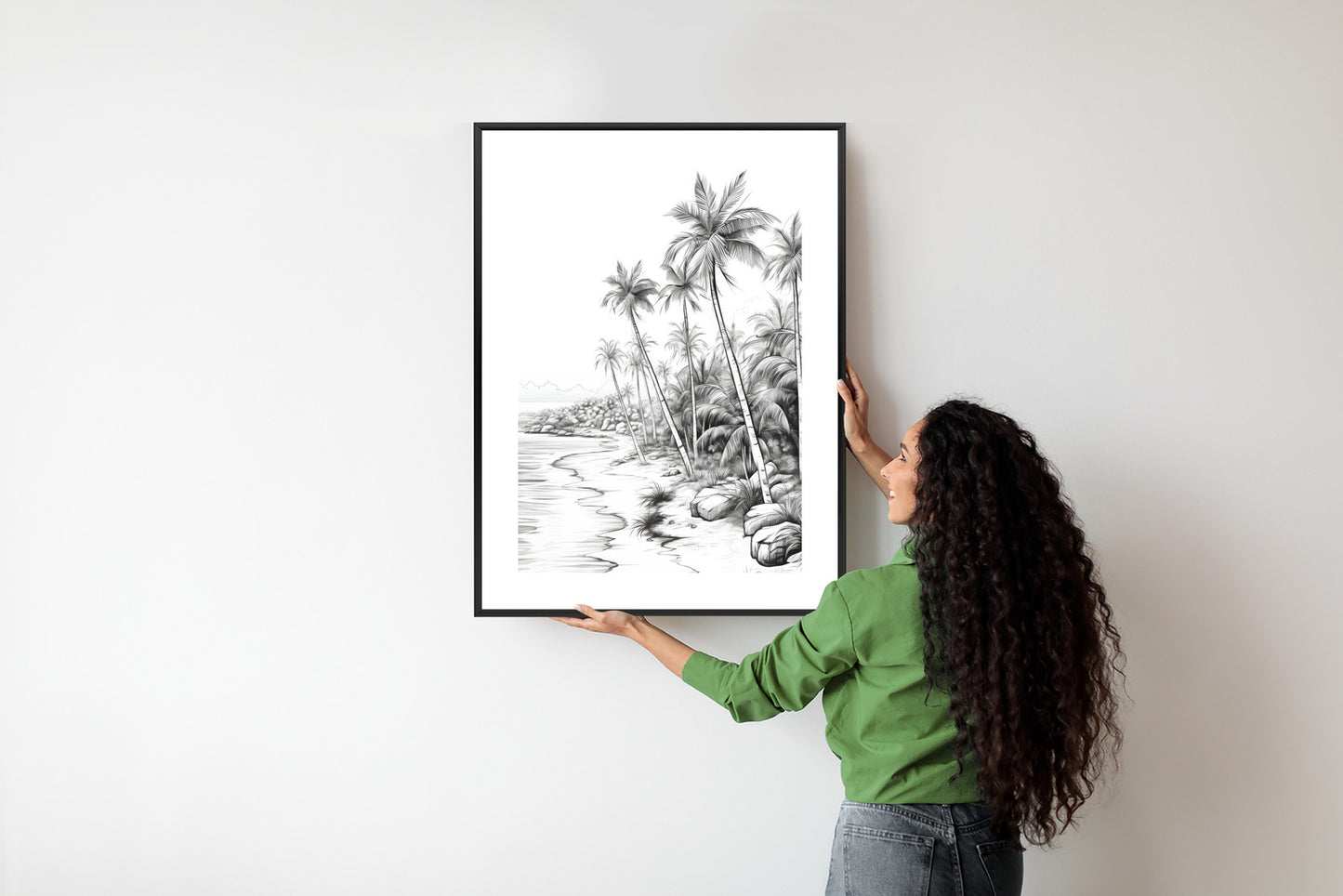 Poster Tropischer Strand Mit Palmen Und Sandiger Meeresküste Rahmen Holz Mit Passepartout Farbe Natürlich